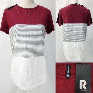 PrinStory Women Medium Crew Neck Wine Red Stripes Colorblock Tunic T-shirt Top
